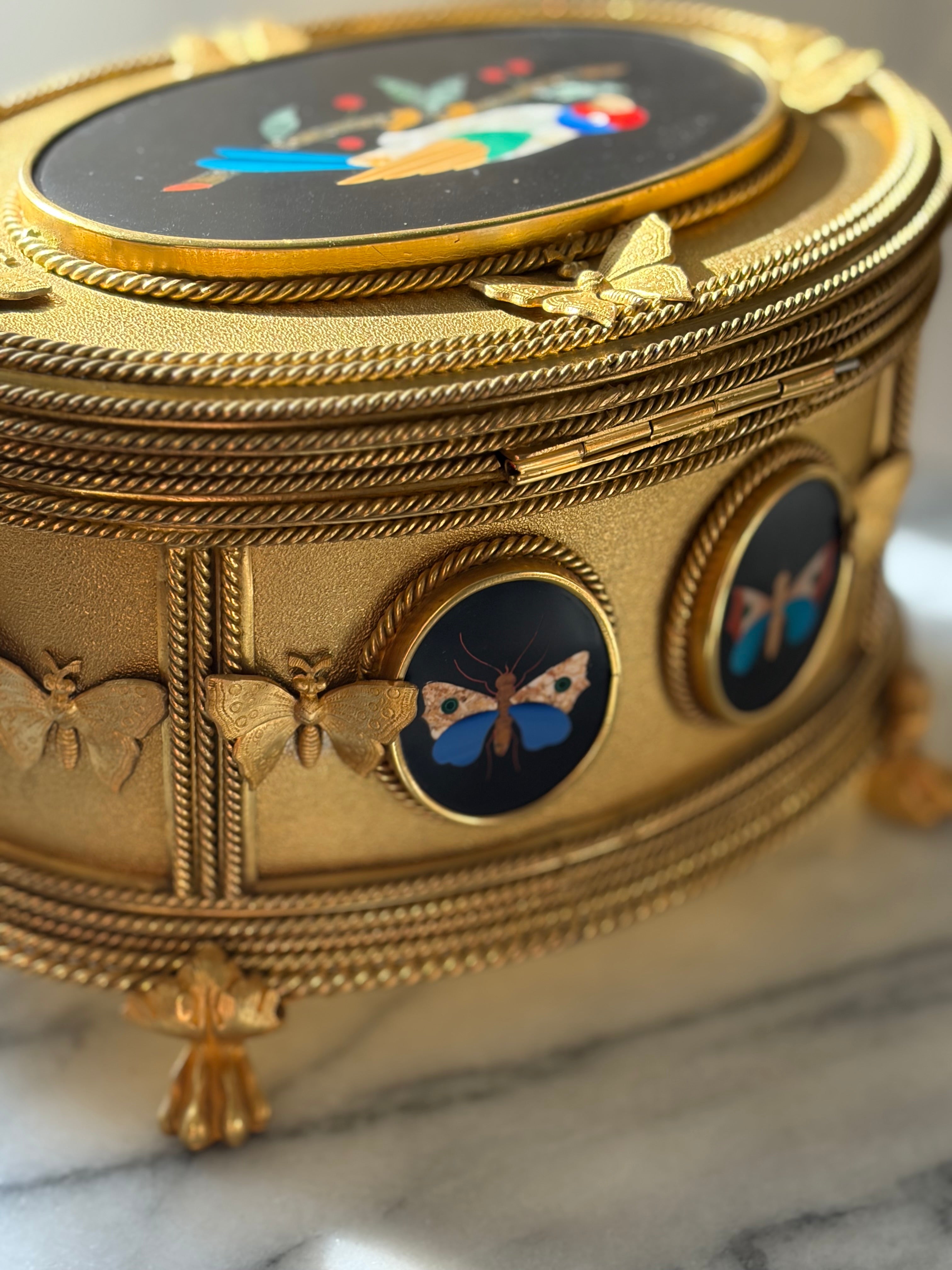 Antique Tahan Paris Pietra Dura & Bronze Jewelry Casket with Working Key