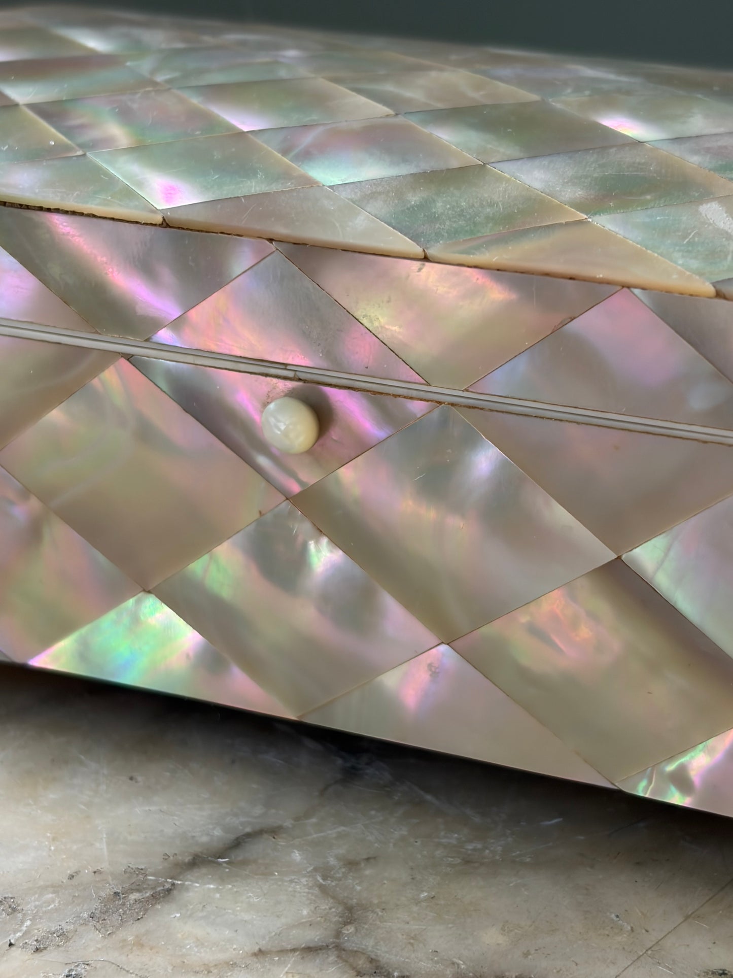 Antique French Mother-of-Pearl Box — Diamond-Quilted Nacre, Silk-Lined Interior, 19th Century