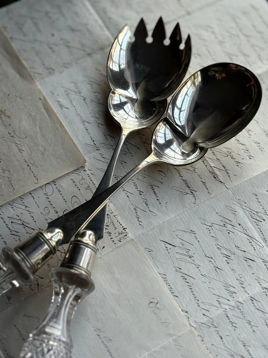 American Brilliant Cut Glass Salad Fork & Spoon Set