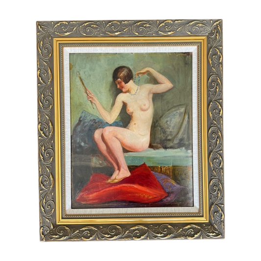“Nude with Mirror” – European Oil on Board, Mid-20th Century