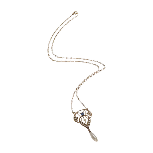 Edwardian 14K Gold Pendant Necklace with Seed Pearls, Blue Topaz & Mother-of-Pearl Pendant