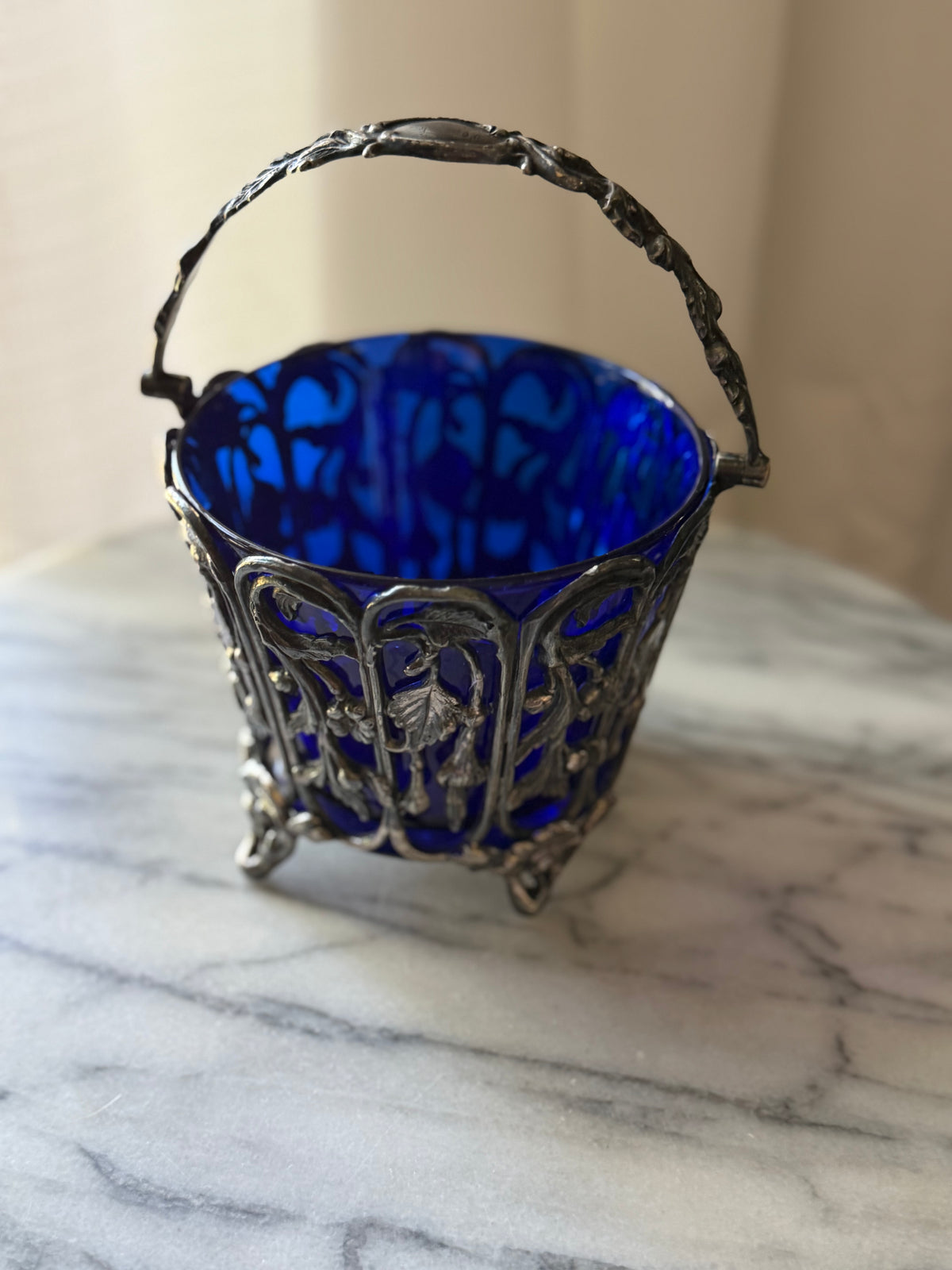 Antique Cobalt Glass and Silverplate Basket