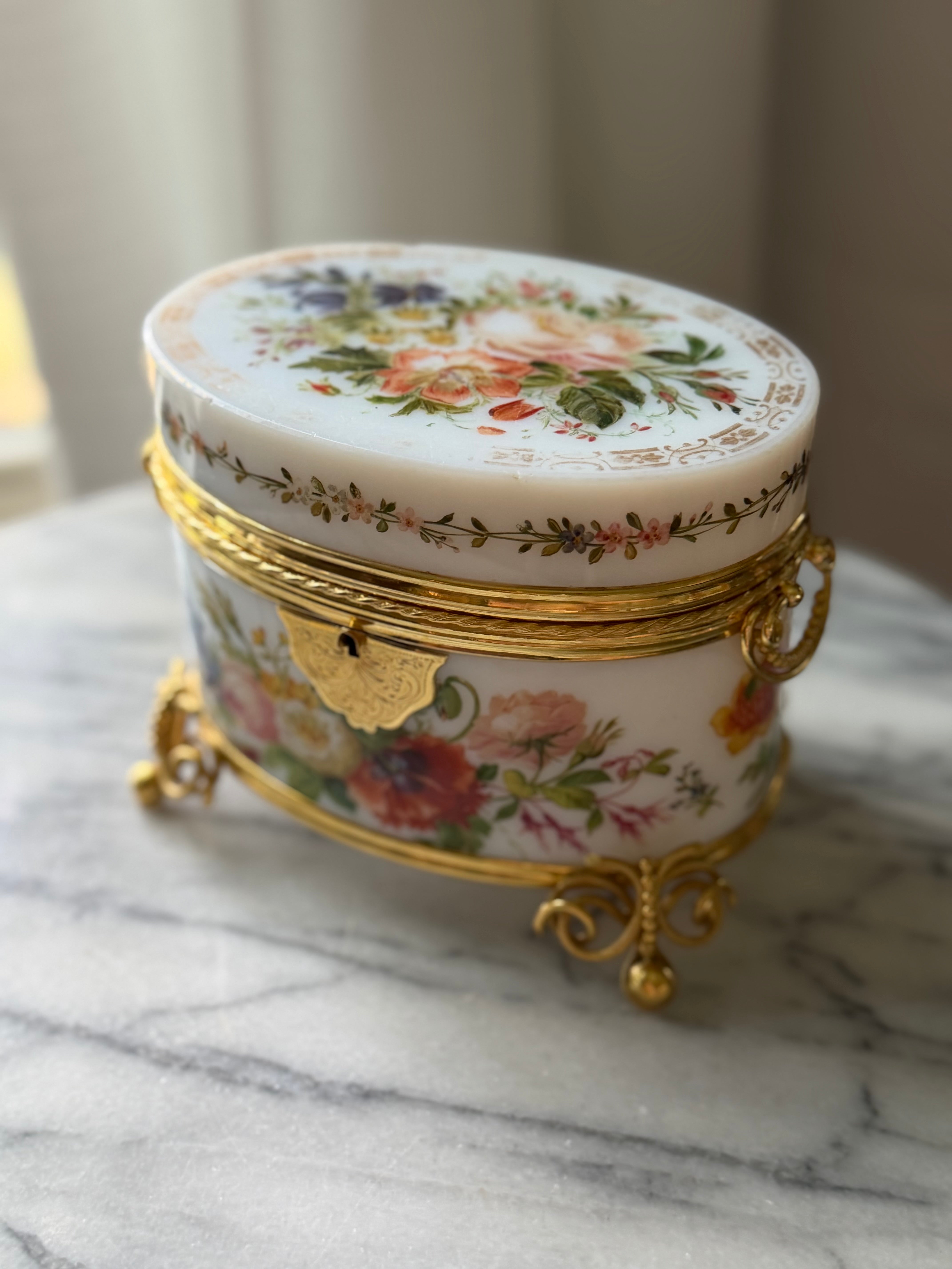 Antique French Opaline Floral Casket with Gilt Bronze Mounts