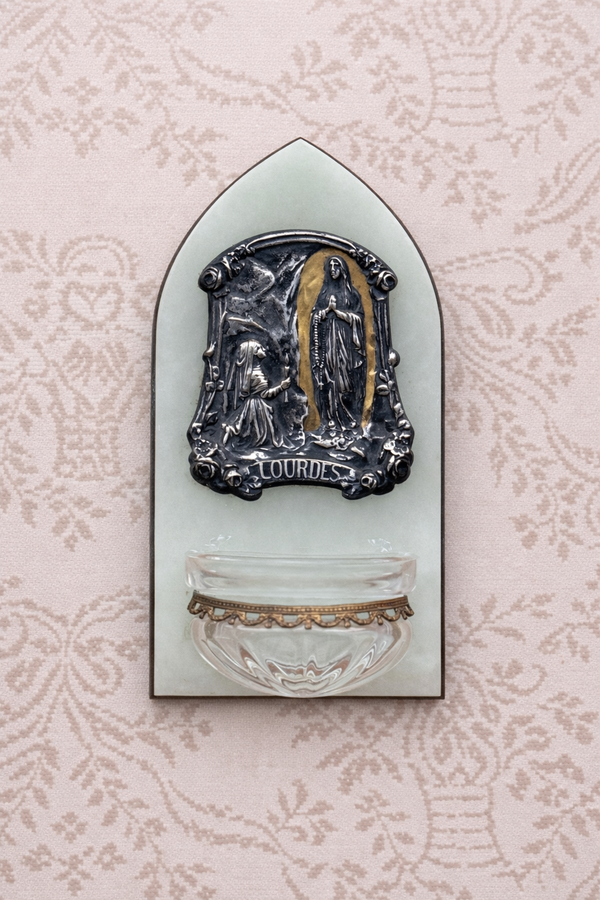 Antique French Onyx and Bronze Holy Water Font, Lourdes