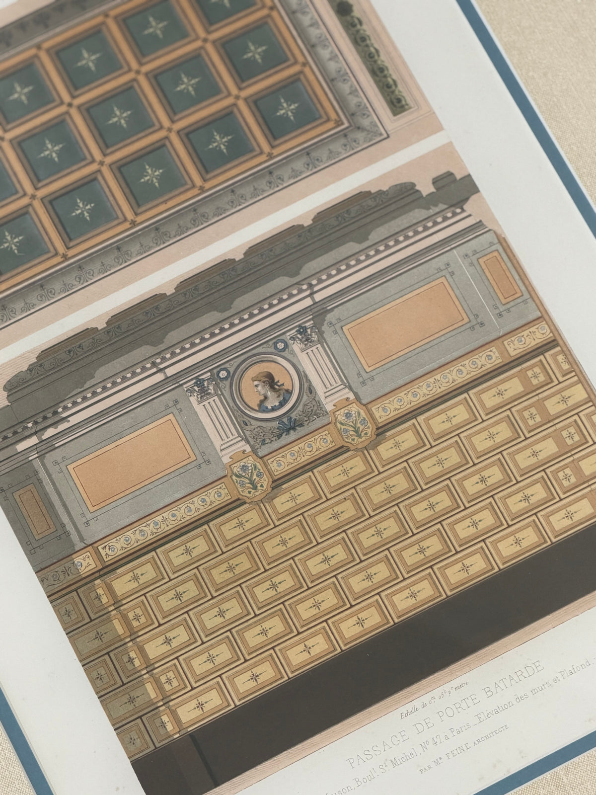 Antique French Architectural Chromolithograph – Passage de Porte Bâtarde – Custom Framed