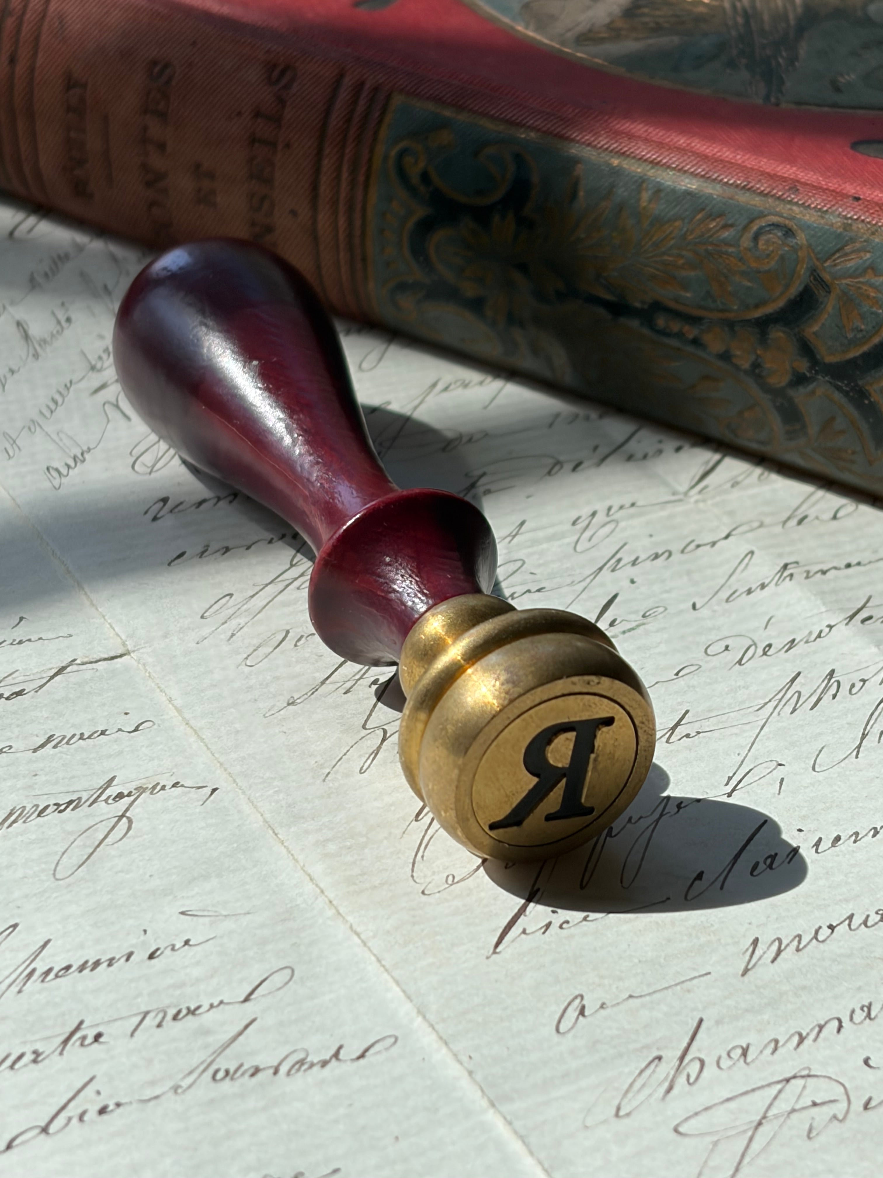 Antique Wood & Brass Wax Seal Stamp with Monogram "R"