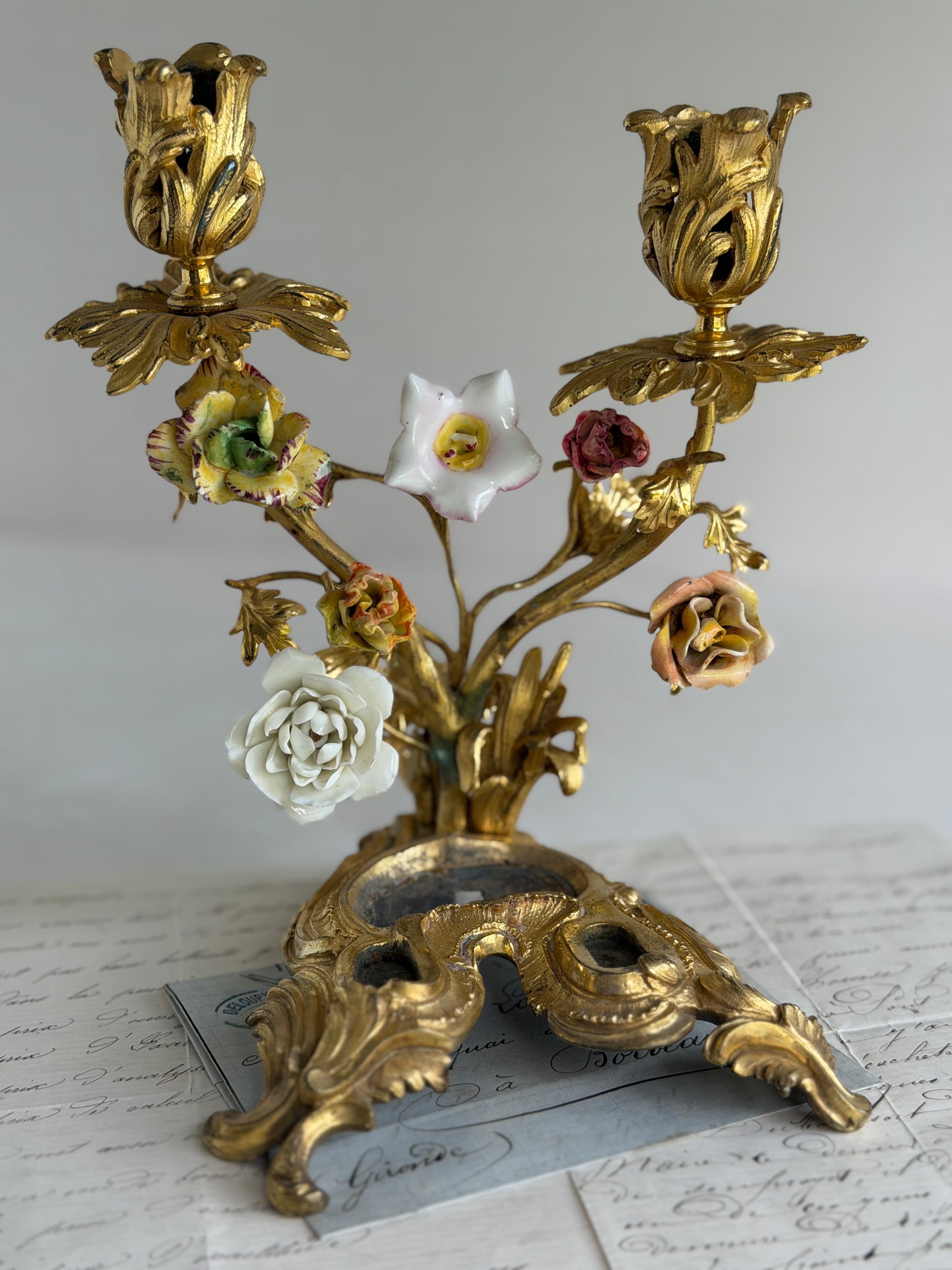 Antique Gilt Bronze Two-Light Candelabra with Porcelain Flowers