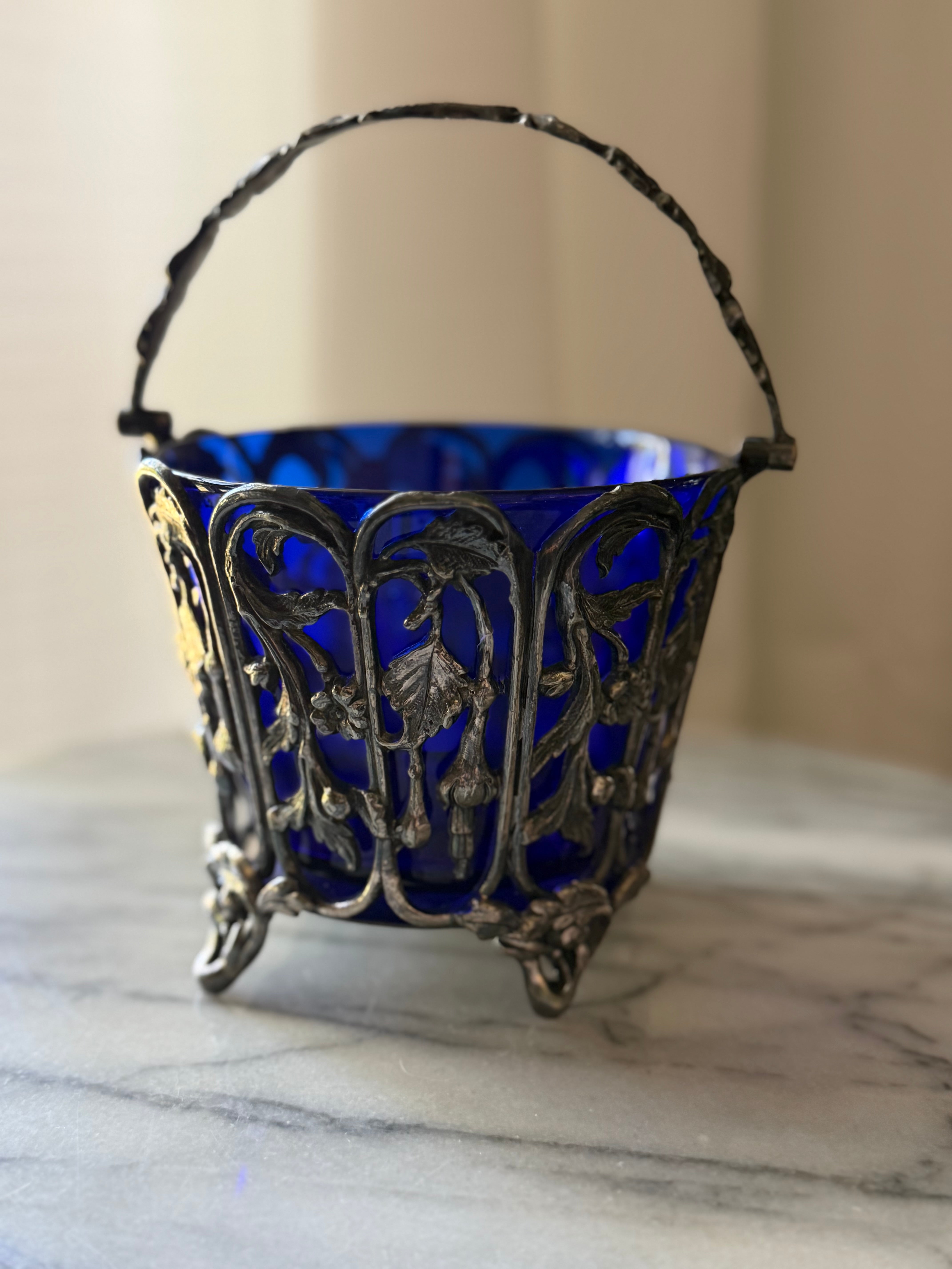 Antique Cobalt Glass and Silverplate Basket