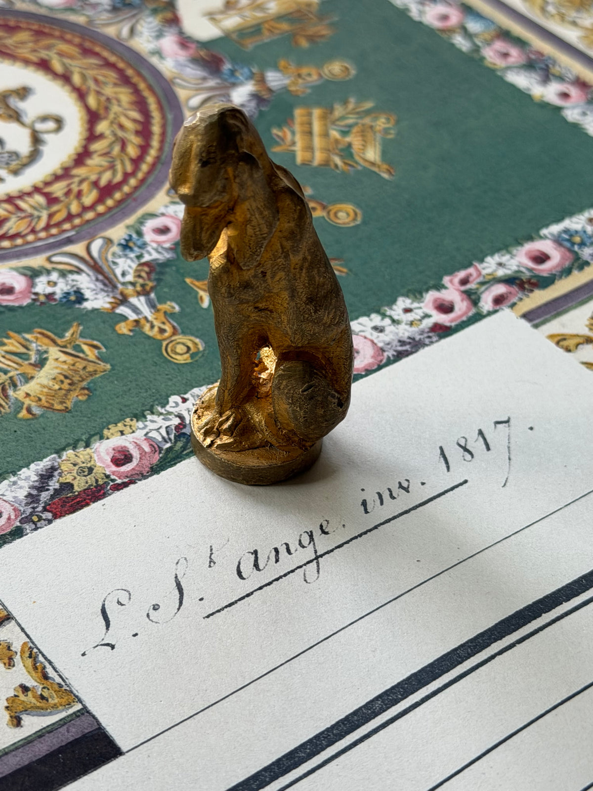 Antique French Gilt Bronze Hound Wax Seal, Signed Meismer