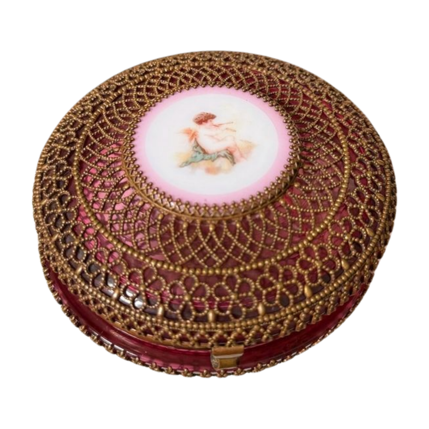 Antique Ormulu & Ruby Glass Casket with Hand Painted Cherub Medallion
