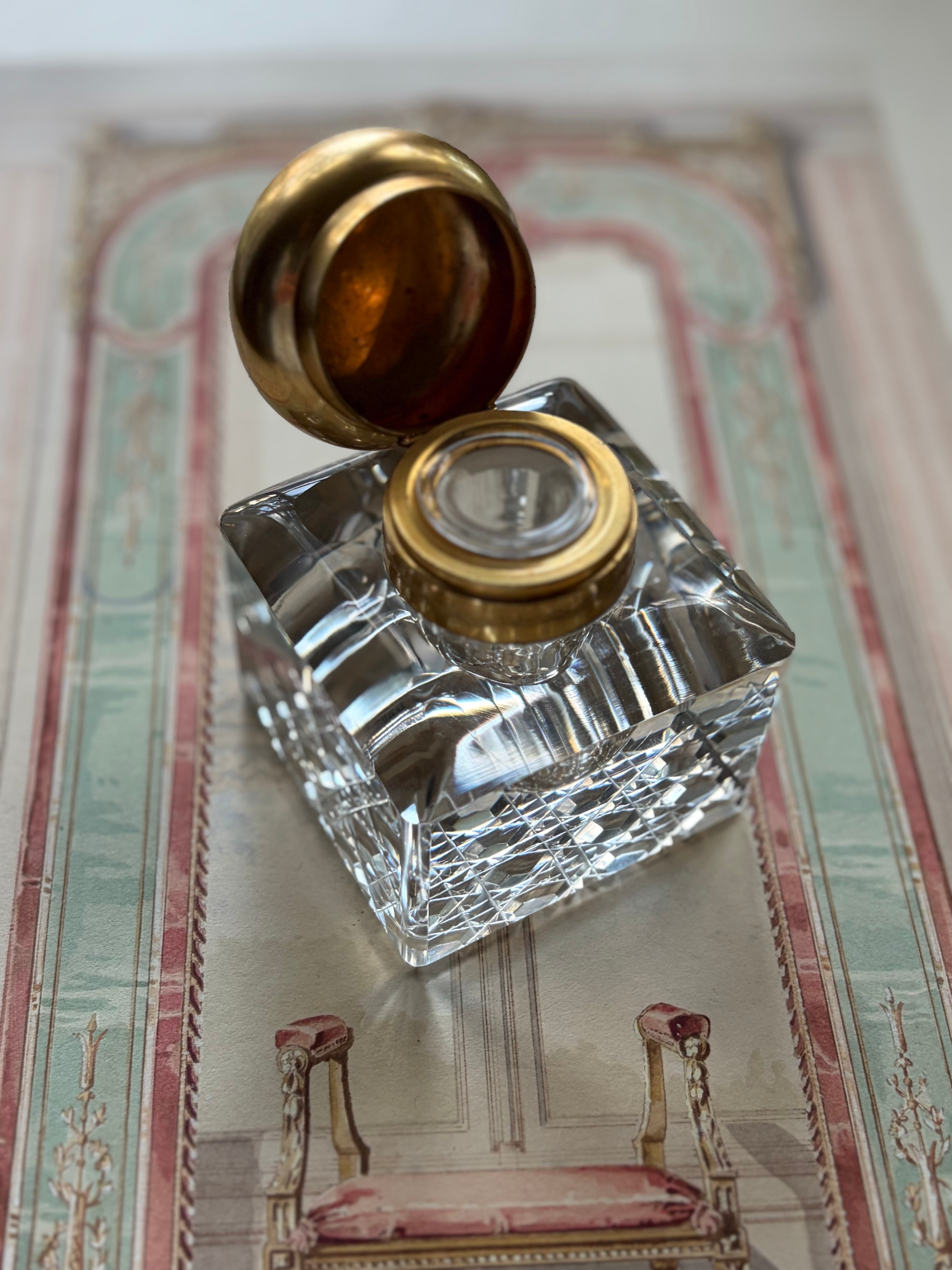 Antique Parisian Crystal & Bronze Inkwell with Enamel Dragonfly Cap