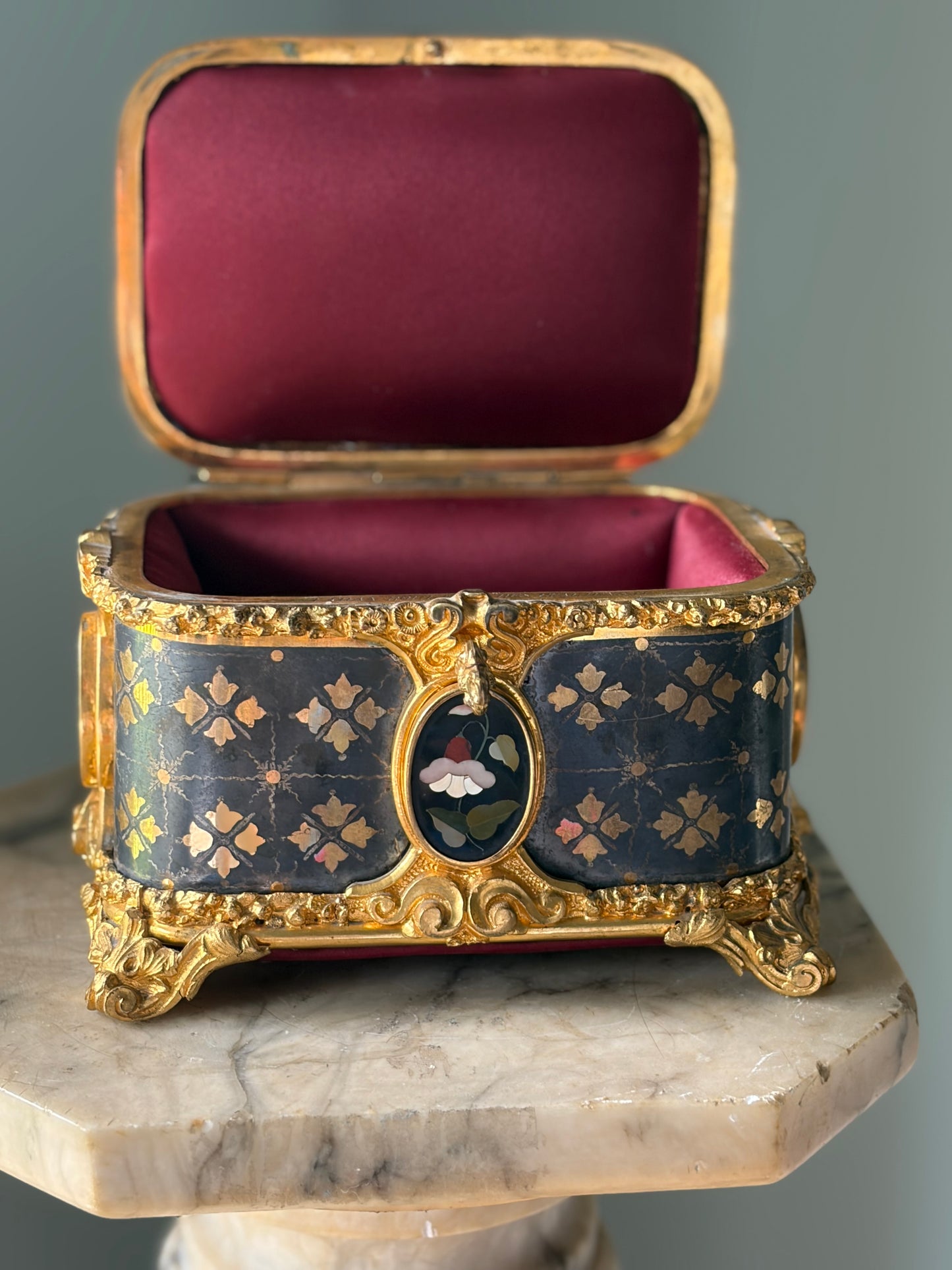 Antique Pietra Dura Box — Black Stone Inlay with Ormolu Mounts, 19th Century