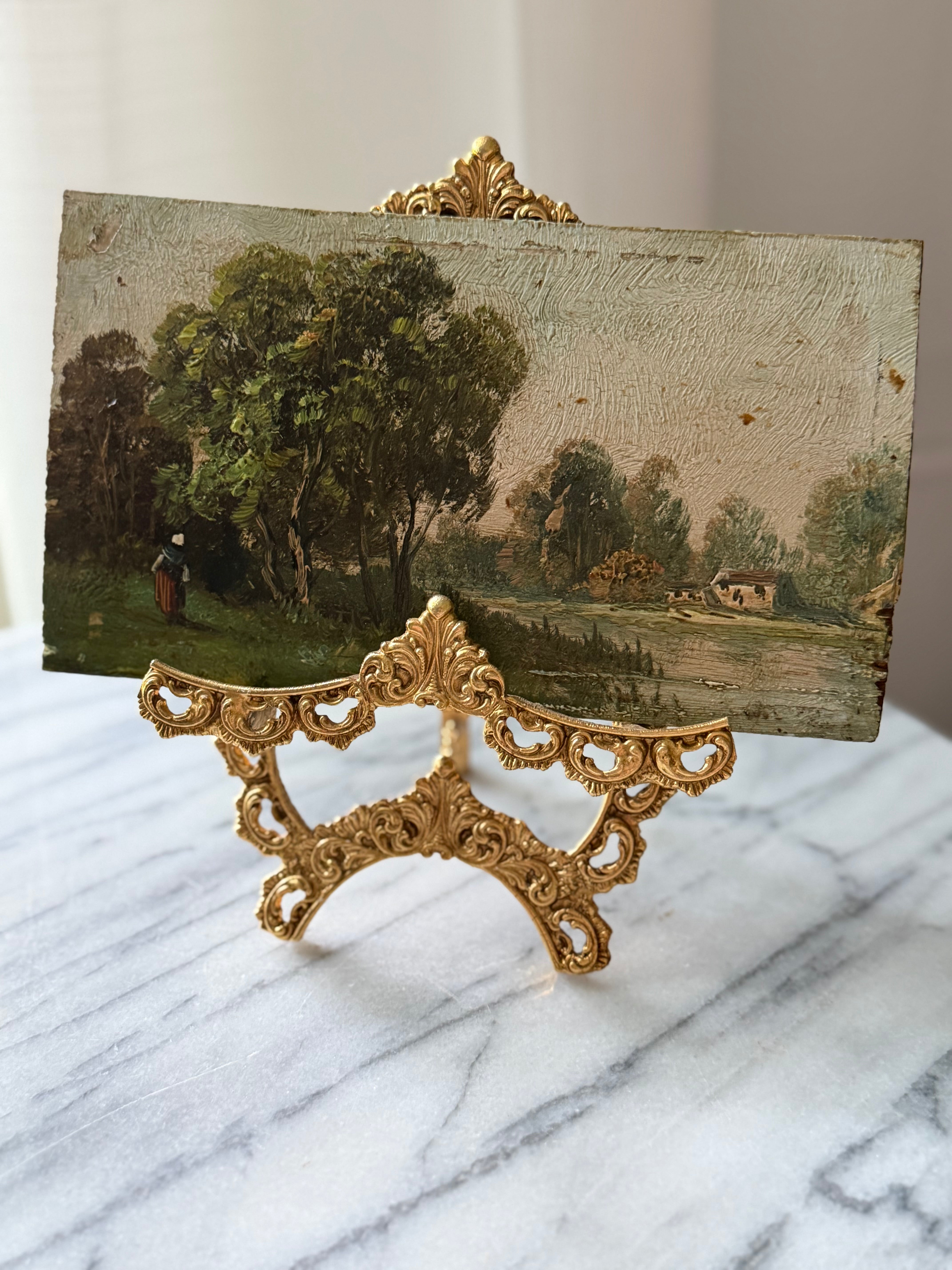 Antique French Landscape Oil Painting on Board
