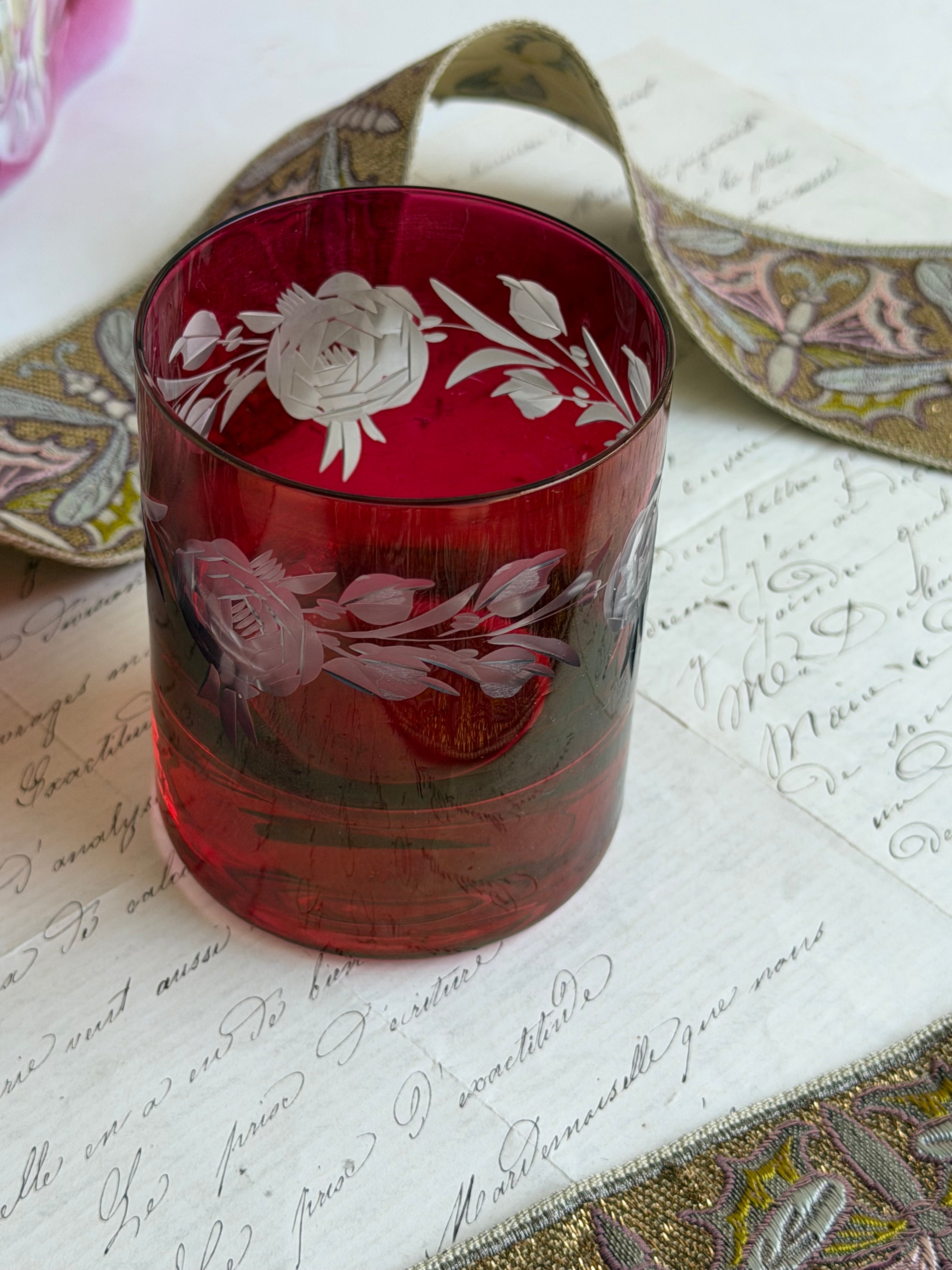 Antique Cranberry Glass Etched Floral Small Tumbler