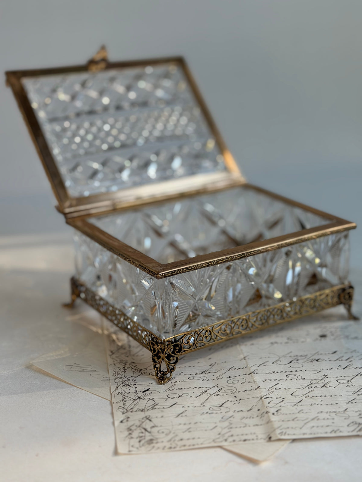 Vintage French Cut Crystal Casket with Ornate Gilt Metal Mounts