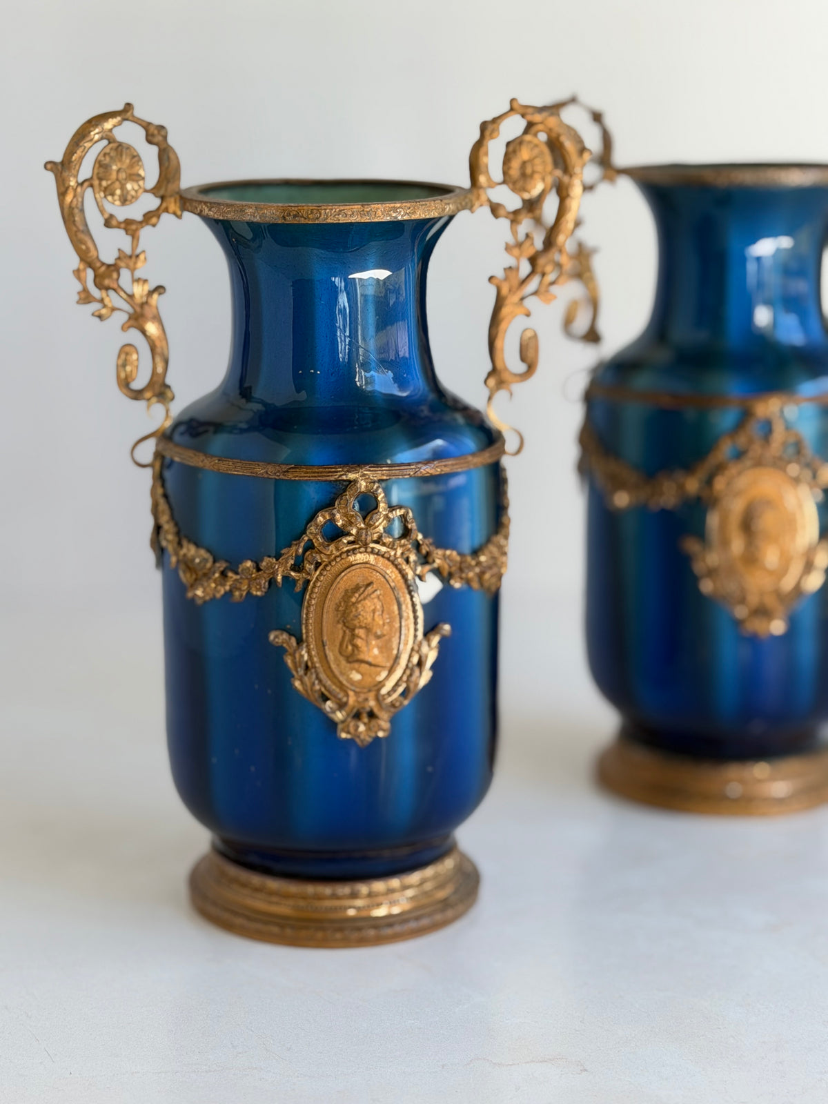 Pair of Antique French Blue Vases with Gilt Metal Mounts and Cameo Medallions