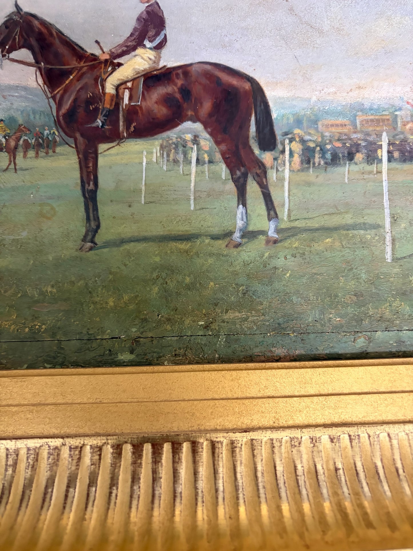Late 19th Century French Sporting Oil on Panel — Two Jockeys at the Post, Original Giltwood Frame