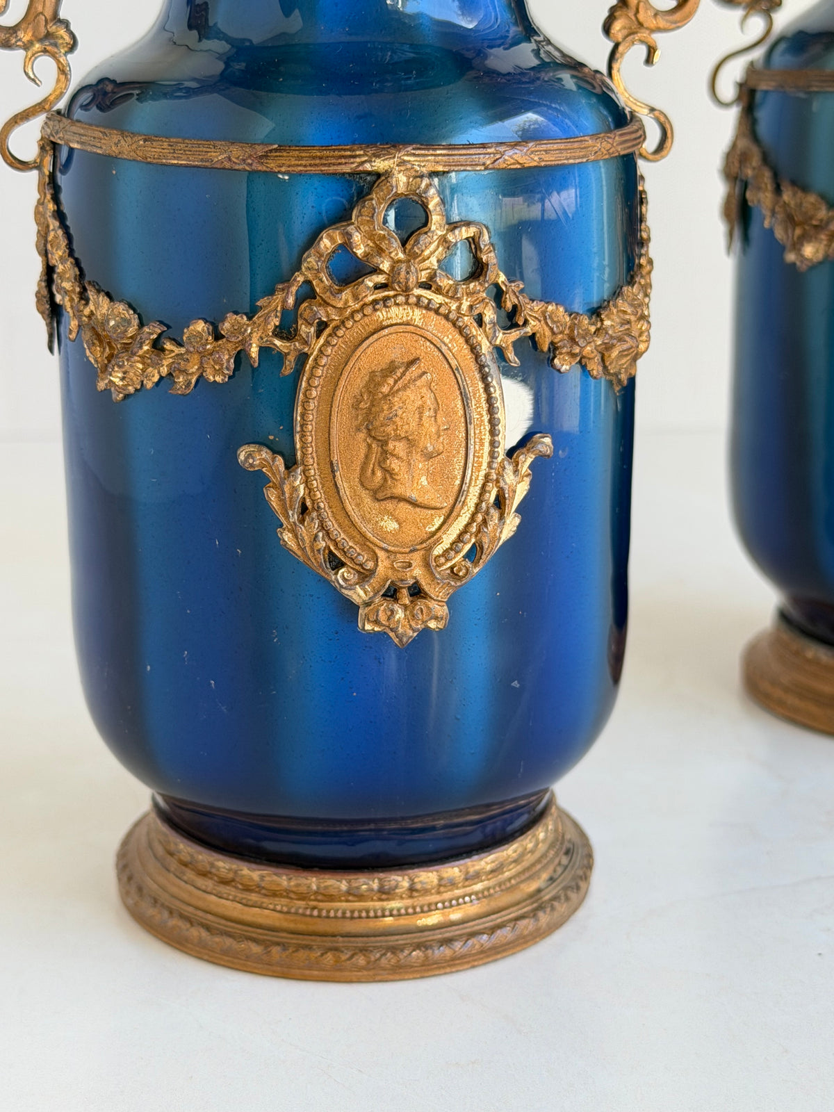 Pair of Antique French Blue Vases with Gilt Metal Mounts and Cameo Medallions
