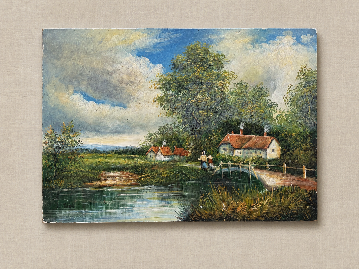 Vintage French Countryside Landscape Oil Painting, River Cottage Scene