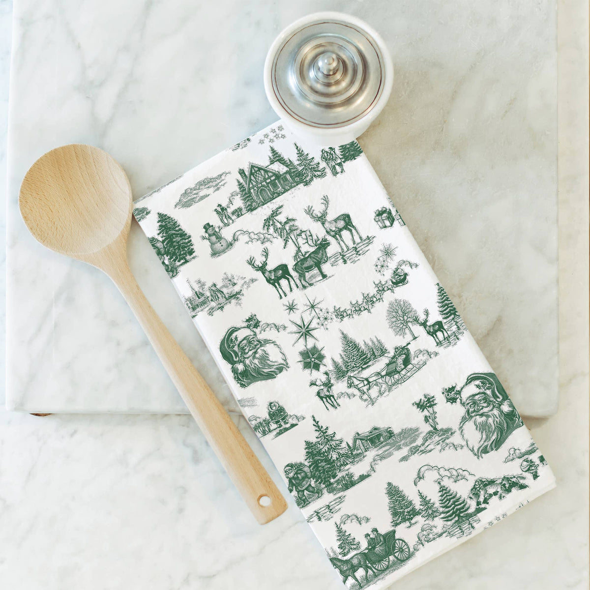 Christmas Toile - Green Tea Towel: White