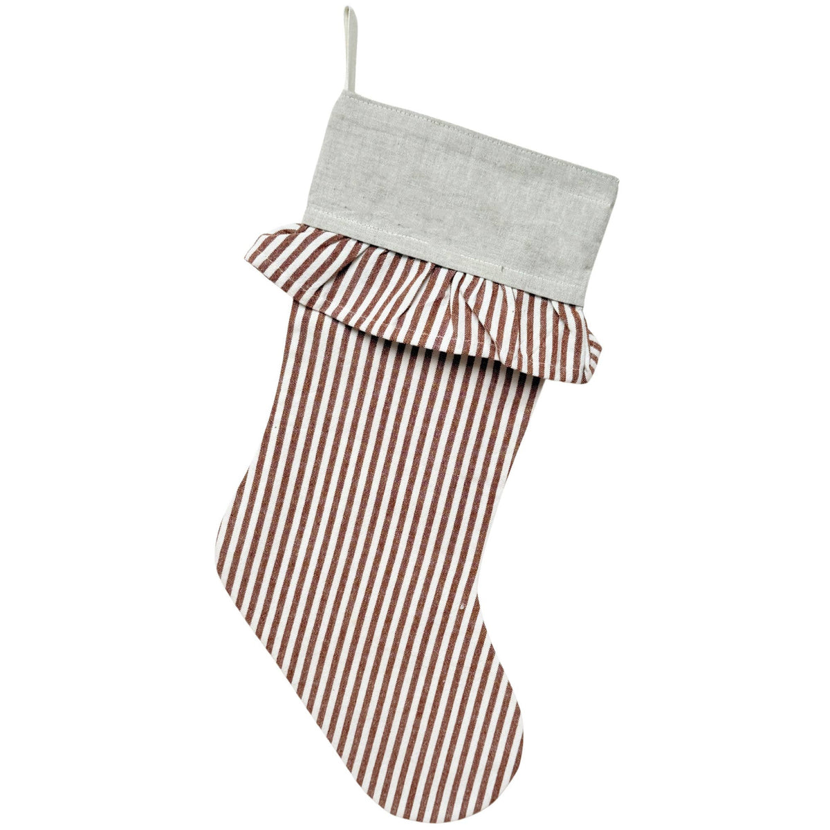 Ticking Stripe Christmas Stocking with Ticking Ruffle: Tan