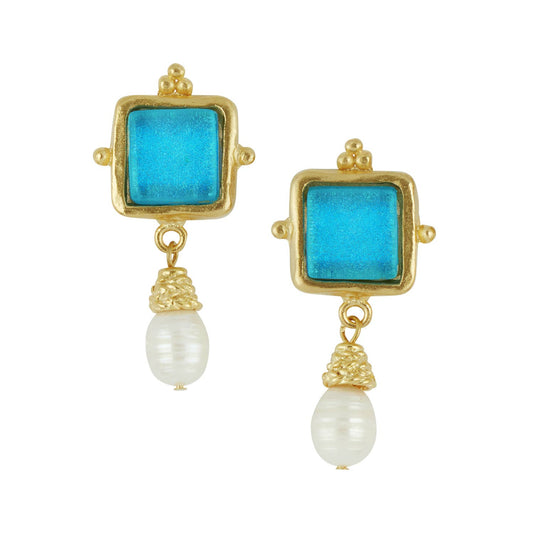 Gold/Turquoise Glass + Pearl Earrings