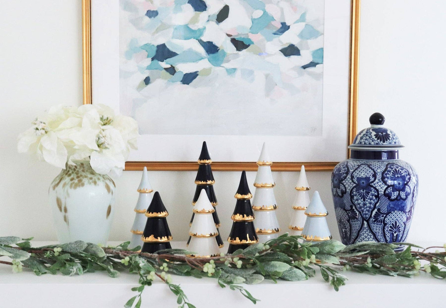 White Tiered Christmas Trees with 22K Gold Brushstroke Accent: Large
