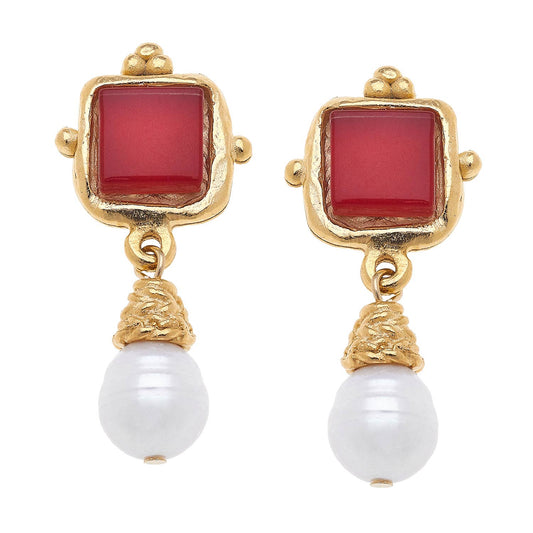 Charlotte Red French Glass + Pearl Drop Earrings