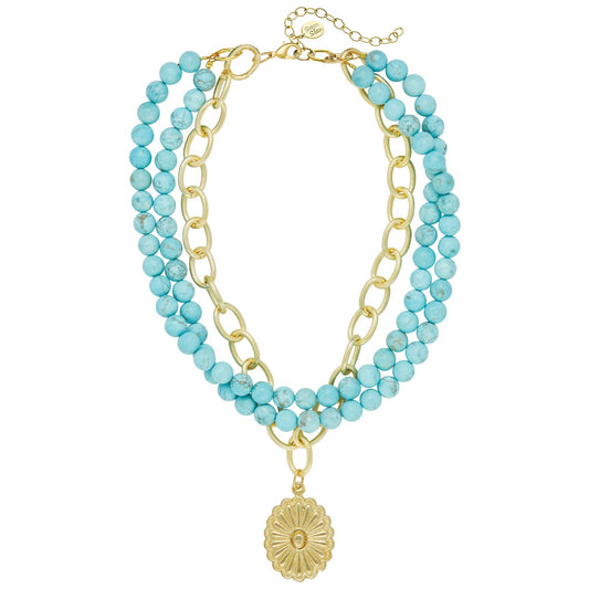Gold Oval Concho + 3 Row Matte Turquoise Necklace