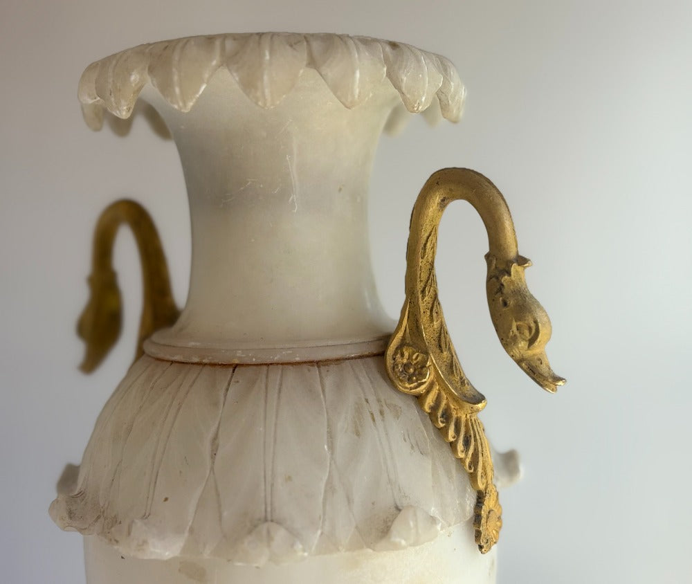 Pair of Antique French Alabaster Vases with Bronze Swan Handles