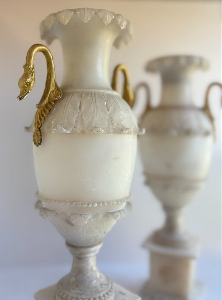 Pair of Antique French Alabaster Vases with Bronze Swan Handles
