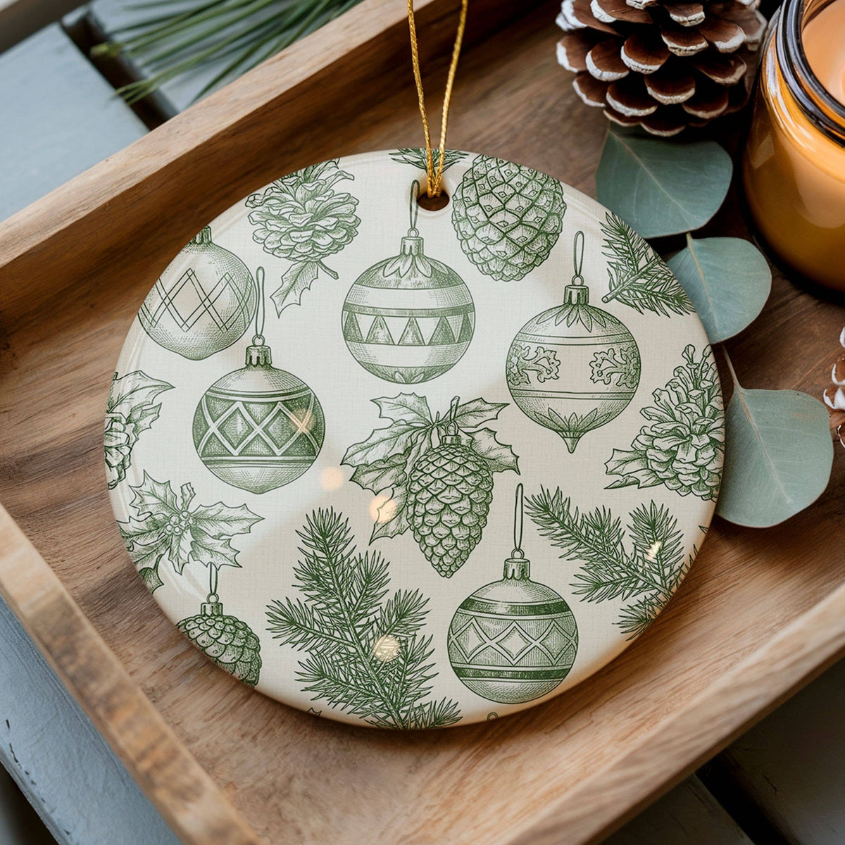 Green Toile Ornament, Botanical Christmas Bauble Decor