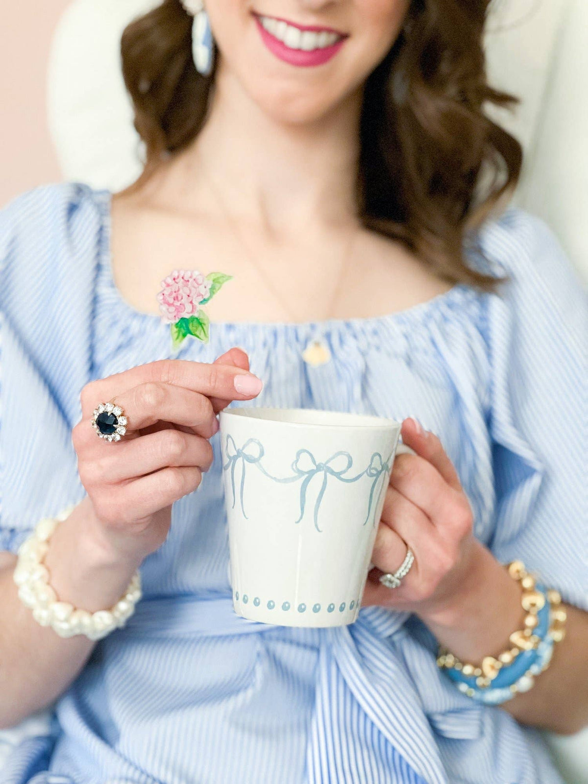 French Blue Bows Watercolor Latte Mug, view 3