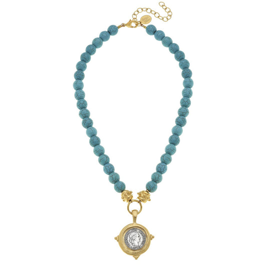 Gold and Silver Coin on Turquoise Necklace