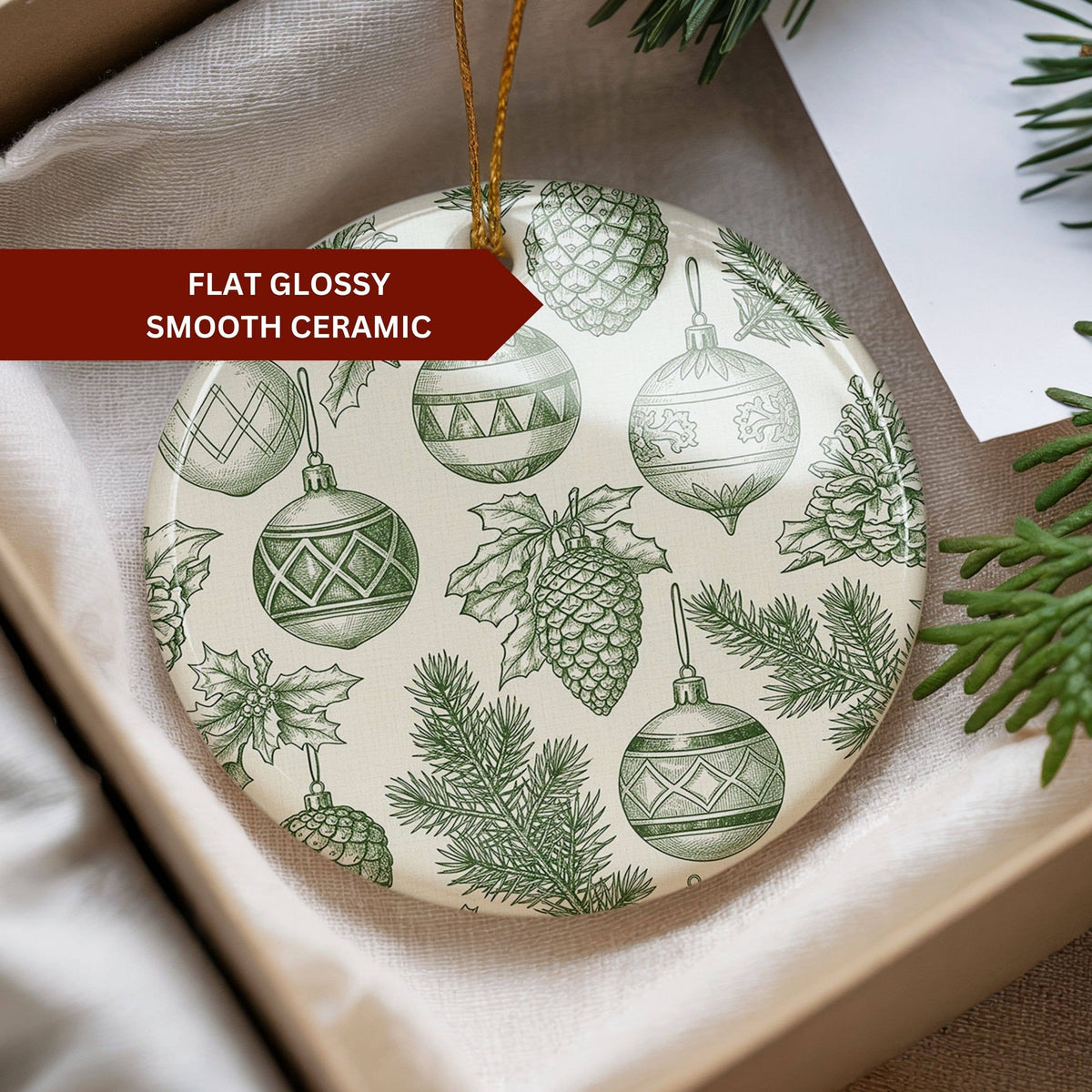 Green Toile Ornament, Botanical Christmas Bauble Decor