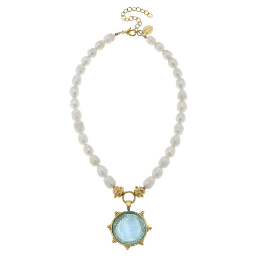 Aqua Venetian Glass Coin Intaglio on Genuine Freshwater Pearl Necklace