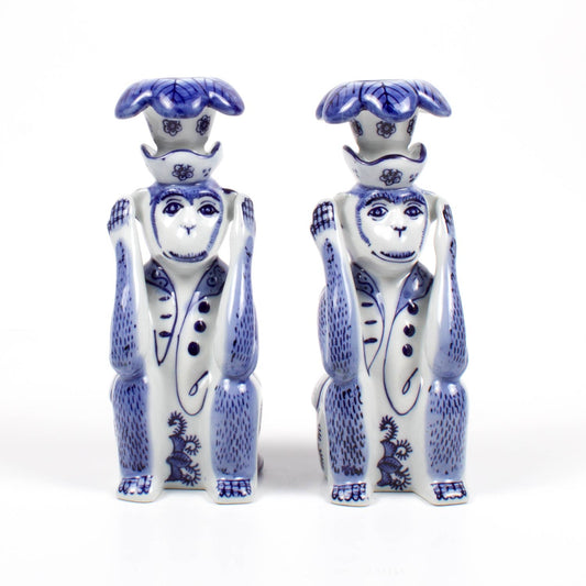 Blue Chinoiserie Monkey Candlestick Set